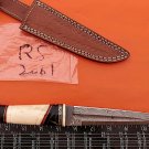 11" hand carved bone & horn scale Damascus Steel skinning knife with cow sheath