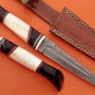 11" hand carved bone & horn scale Damascus Steel skinning knife with cow sheath