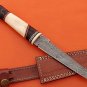 11" hand carved bone & horn scale Damascus Steel skinning knife with cow sheath
