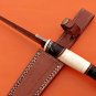 11" hand carved bone & horn scale Damascus Steel skinning knife with cow sheath