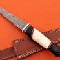 11" hand carved bone & horn scale Damascus Steel skinning knife with cow sheath