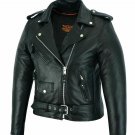 Womens Motorcycle Classic Police Style Blk Premium Leather Jacket Silver Zipper