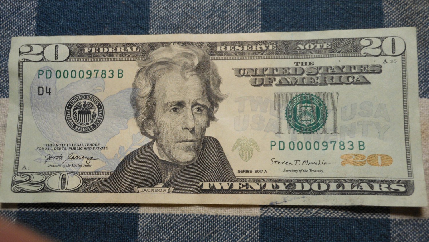 2017A $20 DOLLAR NOTE PD00009783B consecutive zeros LOW SERIAL NUMBER