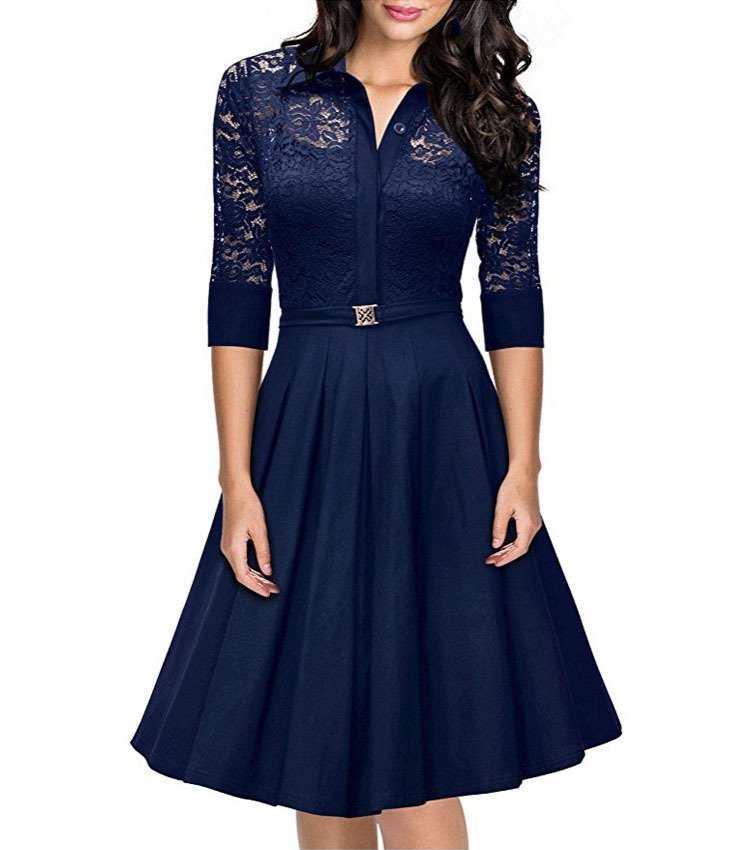 Size L Blue Lace Vintage Half Sleeve Women Swing Dress