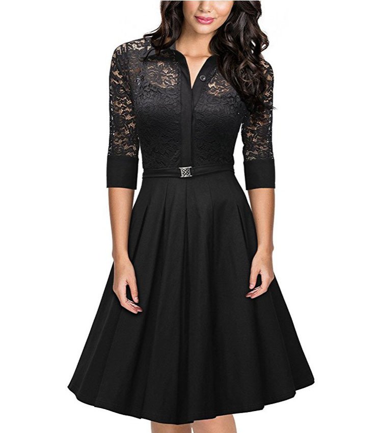 Size L Black Lace Vintage Half Sleeve Women Swing Dress