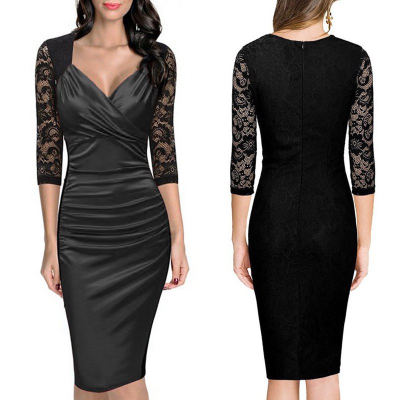Size S Black Lace Women V-neck Retro Pencil Dress