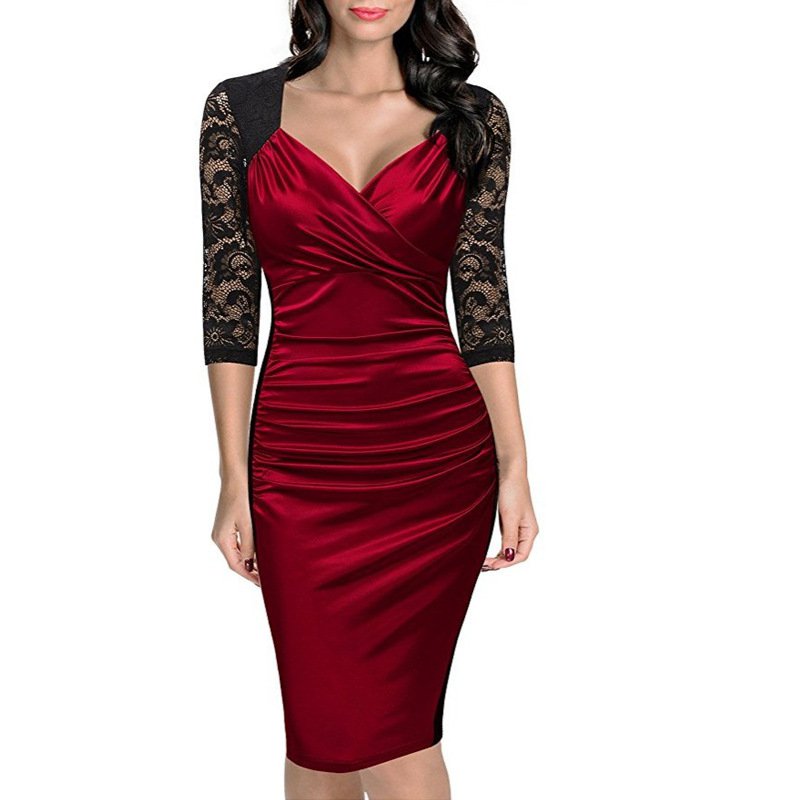 Size S Red Lace Women V-neck Retro Pencil Dress