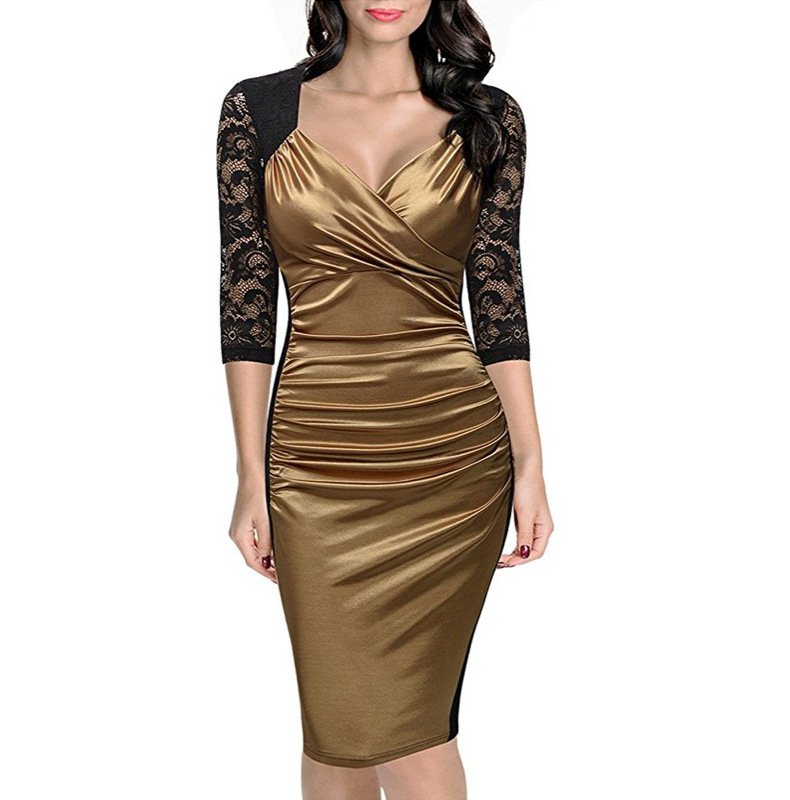 Size XXL Yellow Lace Women V-neck Retro Pencil Dress