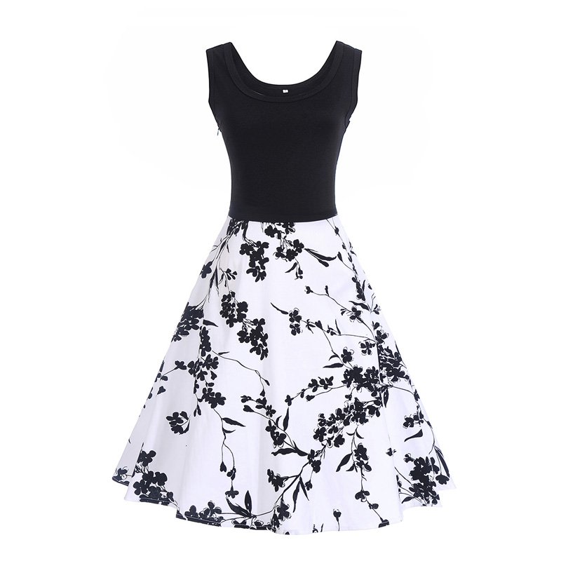 Size M Leaf Printed Vintage 1950s Women Dress