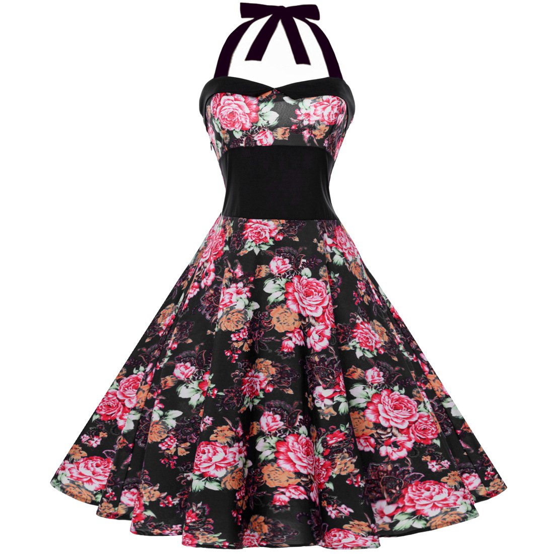 Size L Black Floral Printed Vintage 1950s Women Dress