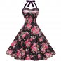 Size L Black Floral Printed Vintage 1950s Women Dress