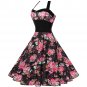 Size L Black Floral Printed Vintage 1950s Women Dress