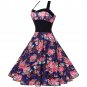 Size L Blue Floral Printed Vintage 1950s Women Dress