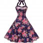 Size XXL Blue Floral Printed Vintage 1950s Women Dress