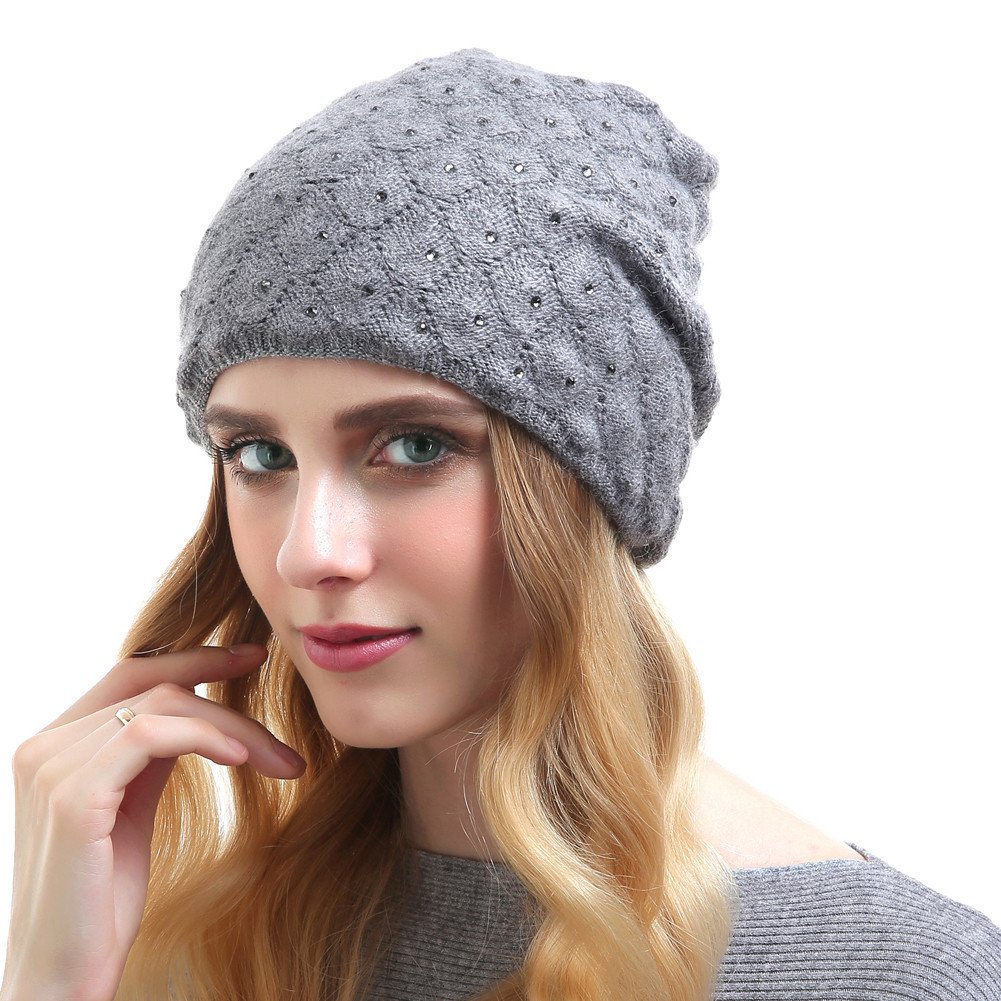 Grey Women Rhinestone Knitted Beanie Hat