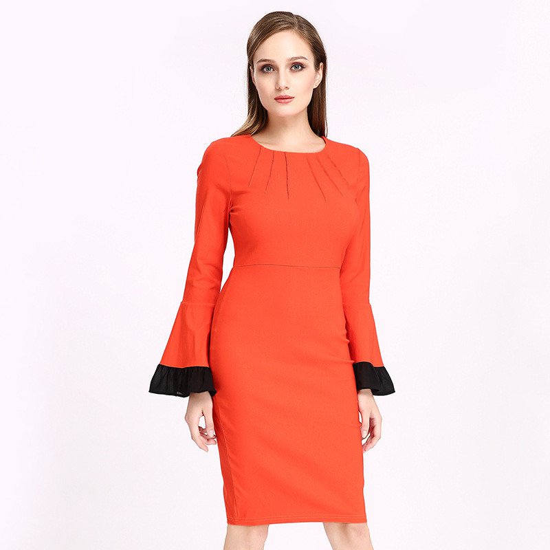 Size XL Orange Women Chic Dress Lantern Sleeve