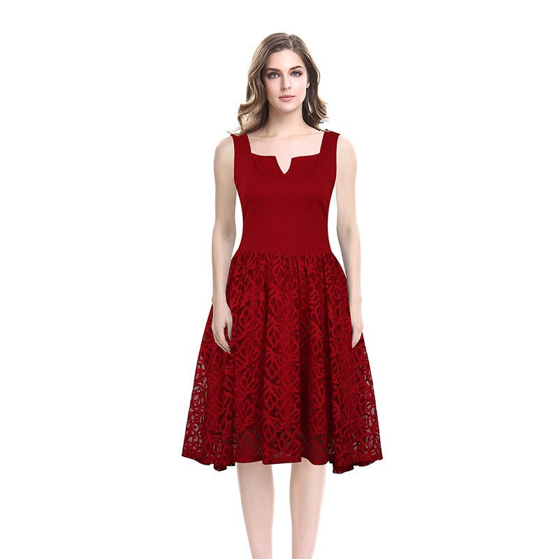 Size S Red Lace Women Elegant Dress