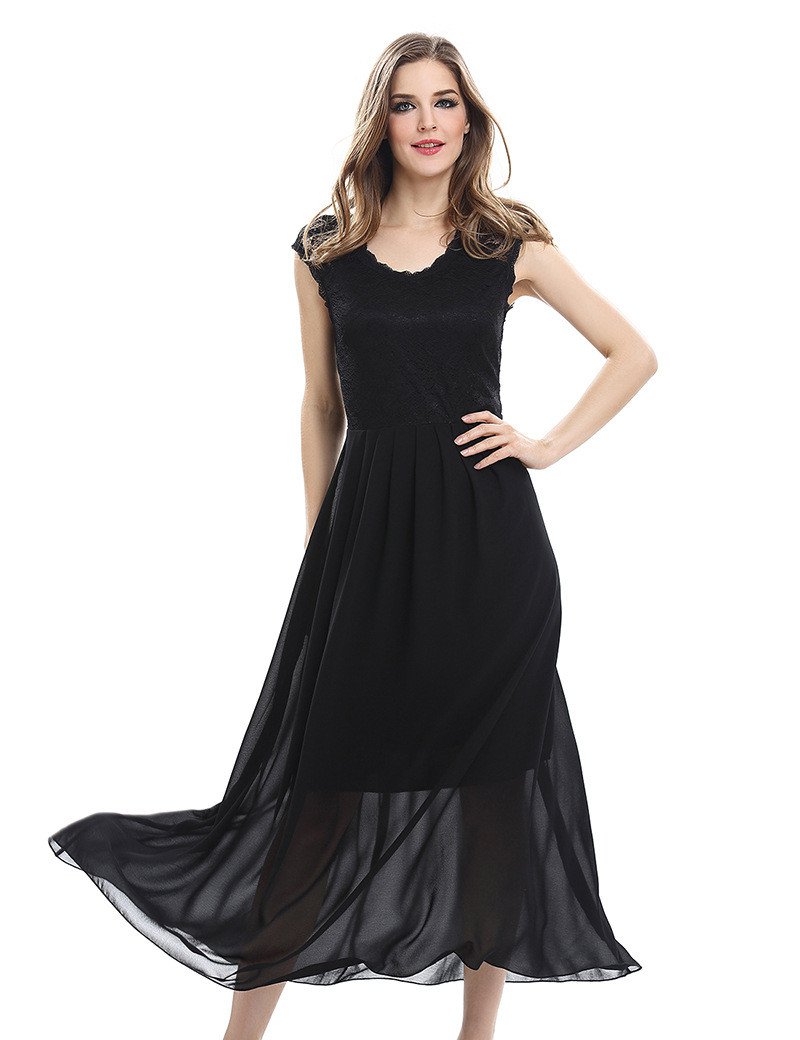 Size XL Black Women Long Lace Chiffon Dress