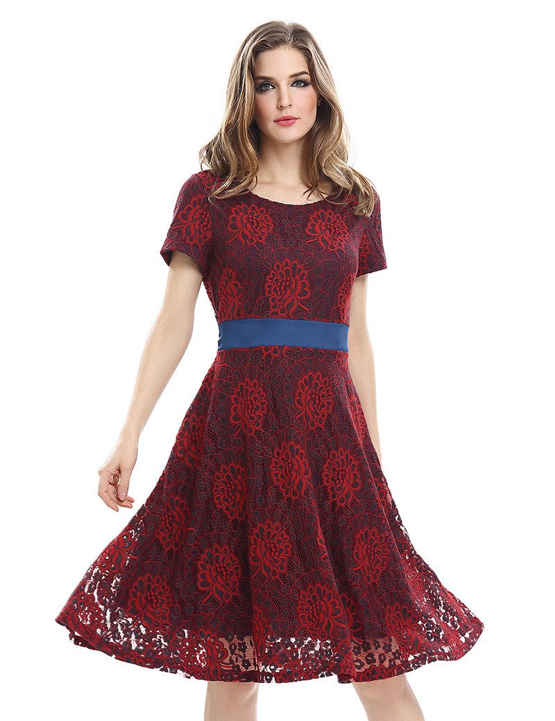 Size M Red Women Long Lace Swing Dress