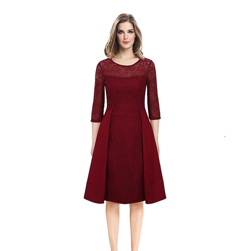 Size M Red Women Long Lace Swing Dress Patchwork