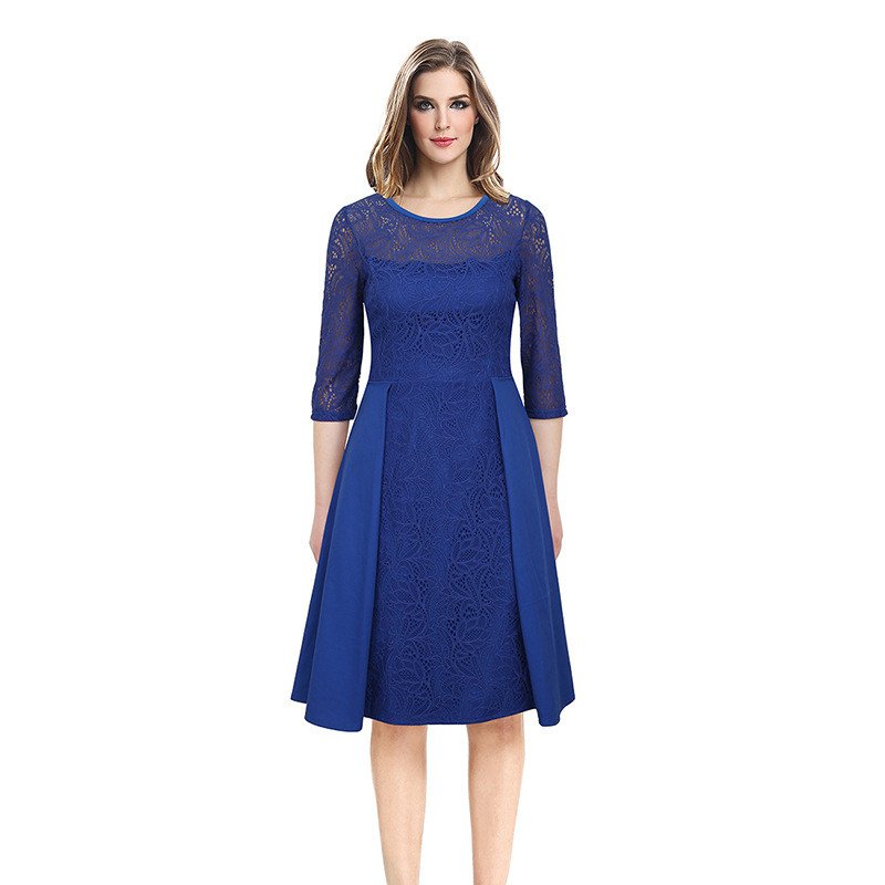 Size XL Blue Women Long Lace Swing Dress Patchwork