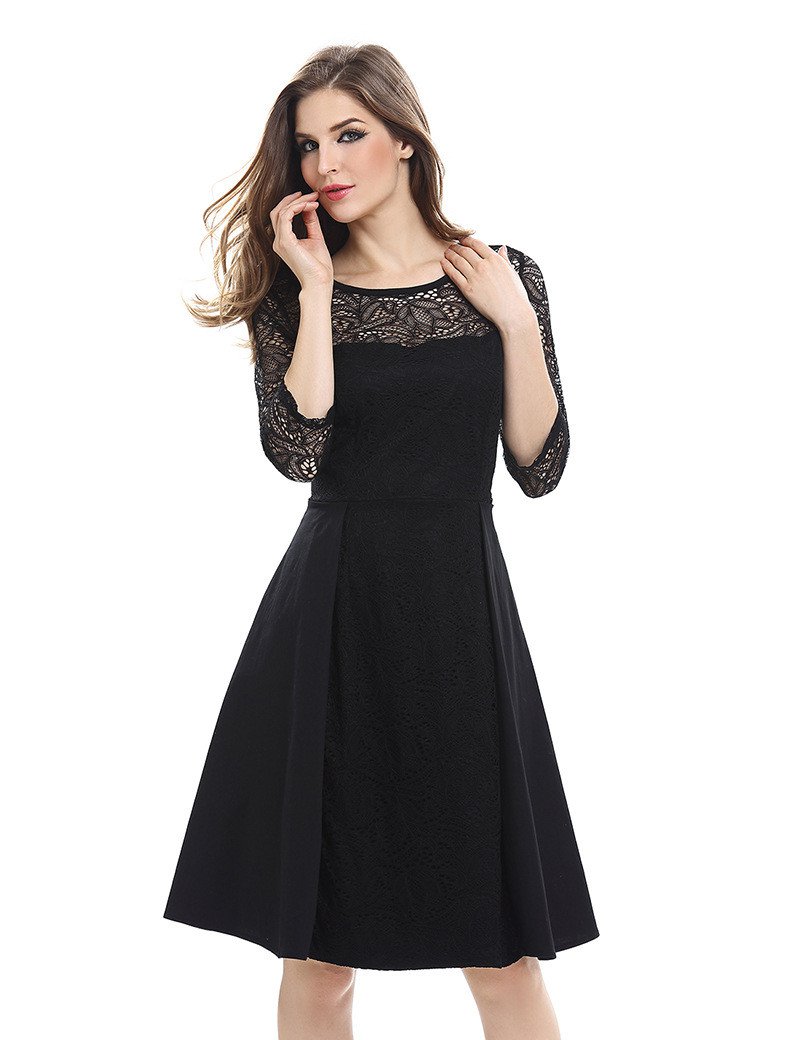 Size M Black Women Long Lace Swing Dress Patchwork
