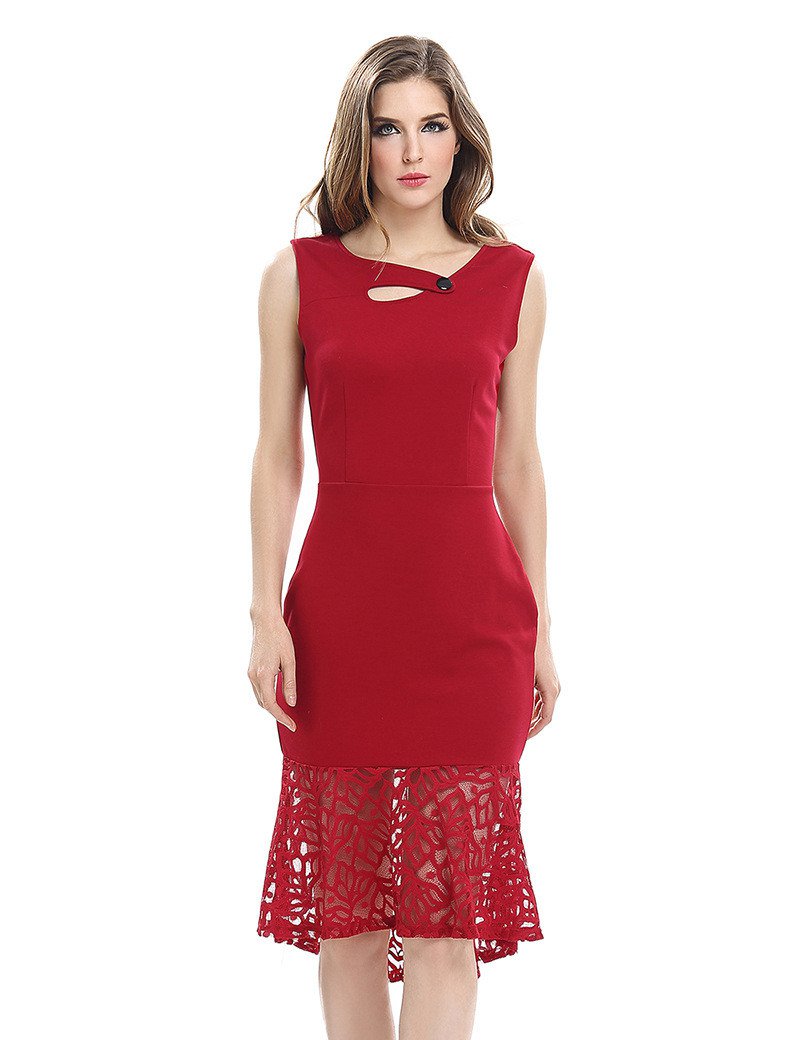 Size XL Red Women Pencil Dress Hollow Out