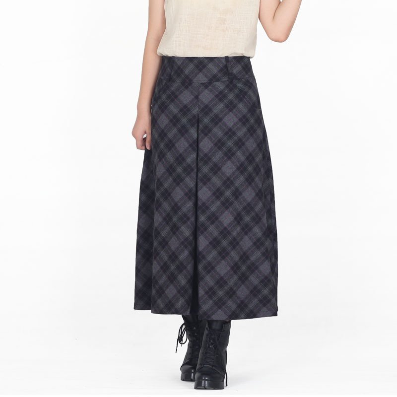 Size XL Grey Winter new woolen dress literary plaid dress skirt