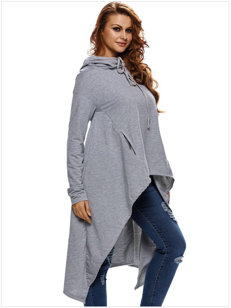 Size L Women's gray hooded long-sleeved irregular loose women's sweater
