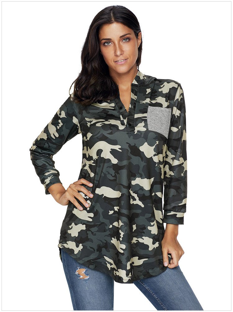Size L New chic print hedging Hooded V-neck button sleeve loose sweater