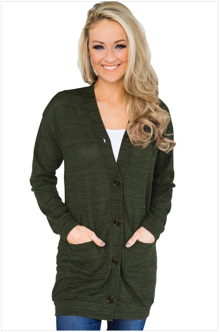 Size L Green New plus size ladies jacket knit button cardigan pocket wool cardigan