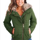 Size M Green Winter artificial fur collar decorated long-sleeved Slim women's cotton coat