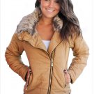 Size M Khaki Winter artificial fur collar decorated long-sleeved Slim women's cotton coat