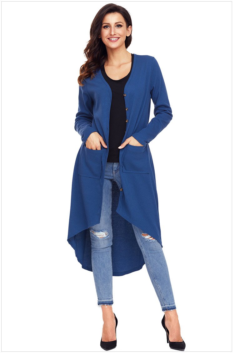 Size XXL Blue Single-breasted irregular long-sleeved fashion long women's cardigan