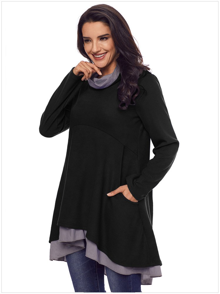 Size M Black High collar hem stitching side pockets high-waisted long-sleeved women's sweater
