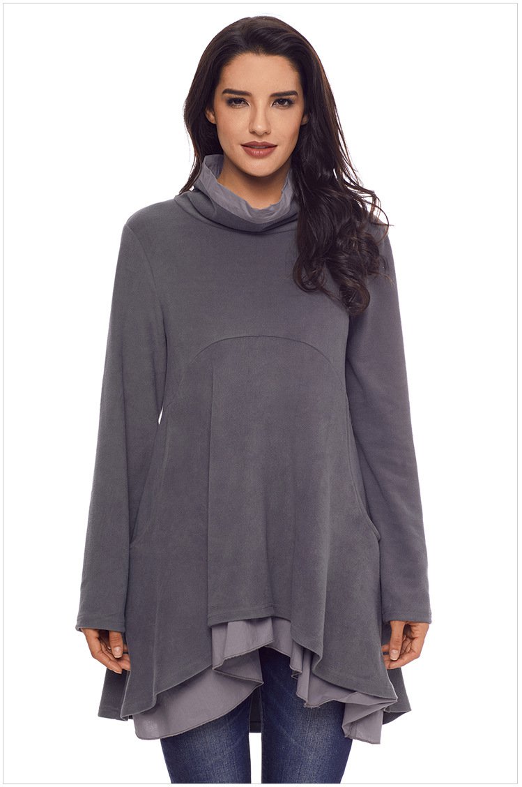 Size S Grey High collar hem stitching side pockets high-waisted long-sleeved women's sweater