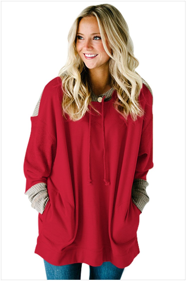Size S Red Large size women's dress splicing hooded long sleeve long hedging loose women's sweater