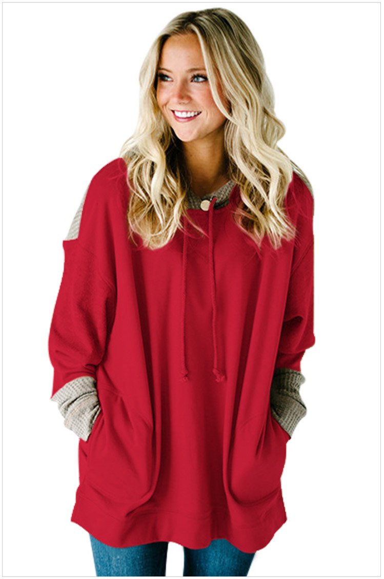 Size XL Red Large size women's dress splicing hooded long sleeve long hedging loose women's sweater