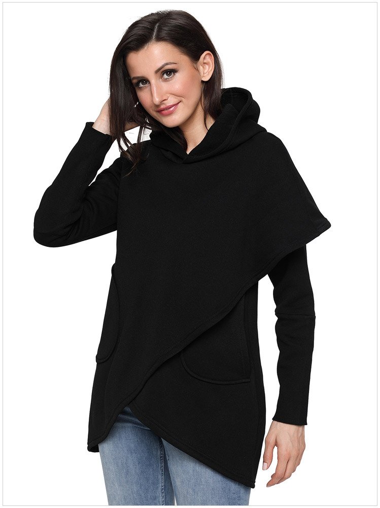 Size XXL Black Hooded hedging long sleeved coat pendulum cross irregular design women's sweater