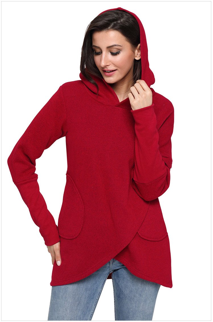 Size XL Red Hooded hedging long sleeved coat pendulum cross irregular design women's sweater