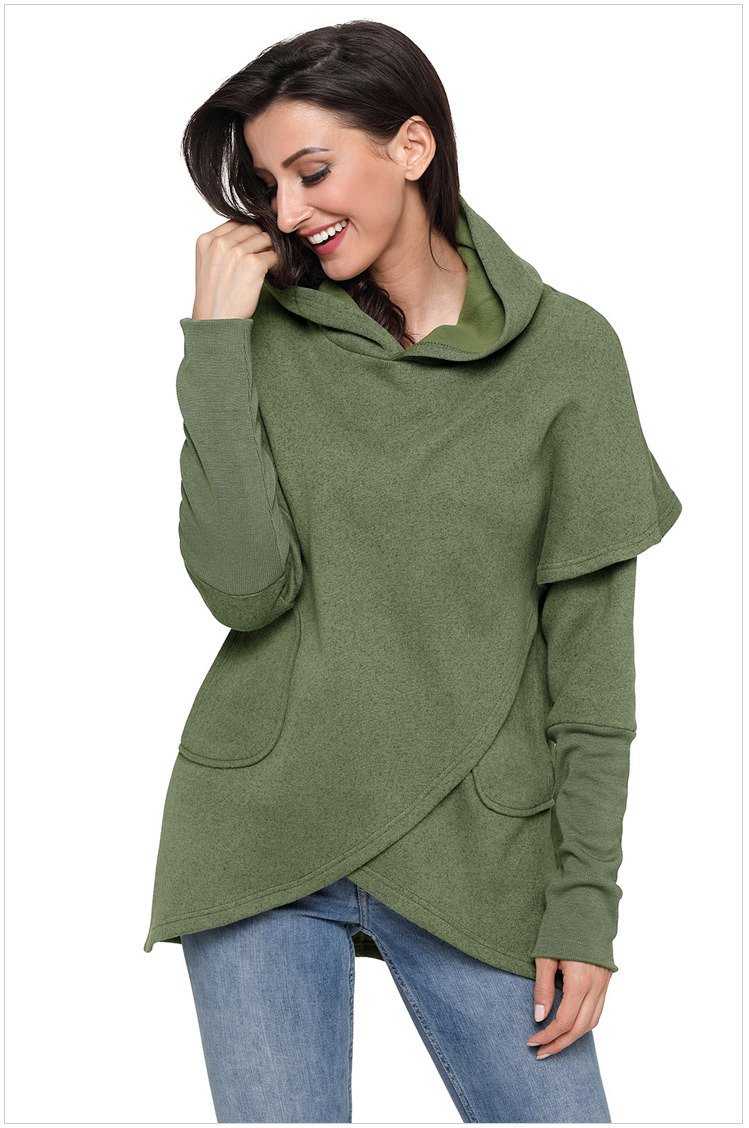 Size L Green Hooded hedging long sleeved coat pendulum cross irregular design women's sweater