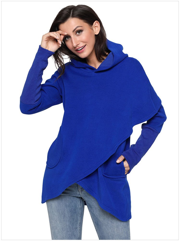Size S Blue Hooded hedging long sleeved coat pendulum cross irregular design women's sweater