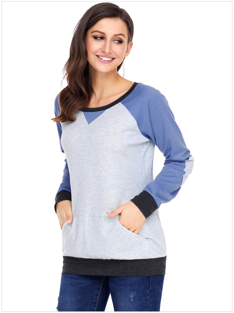 Size L Blue New women's sweatshirt splicing round neck long sleeve large size women's sweater