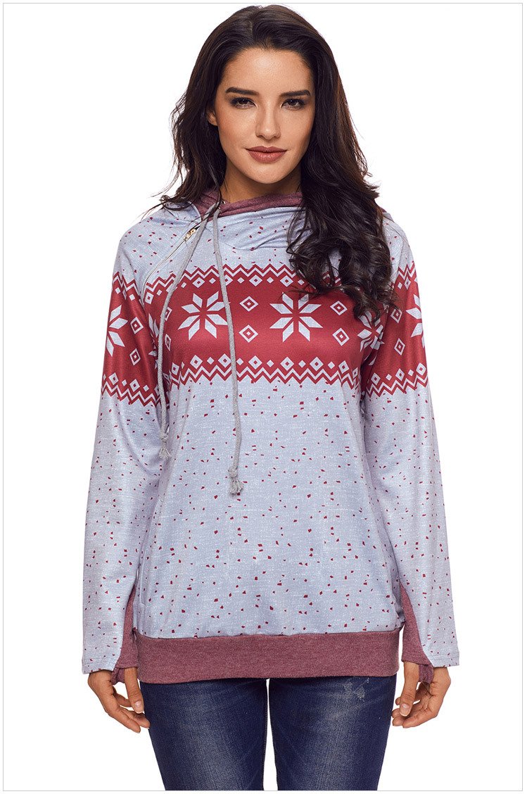 Size L New snowflake print hedging hooded long sleeve plus size women's sweater
