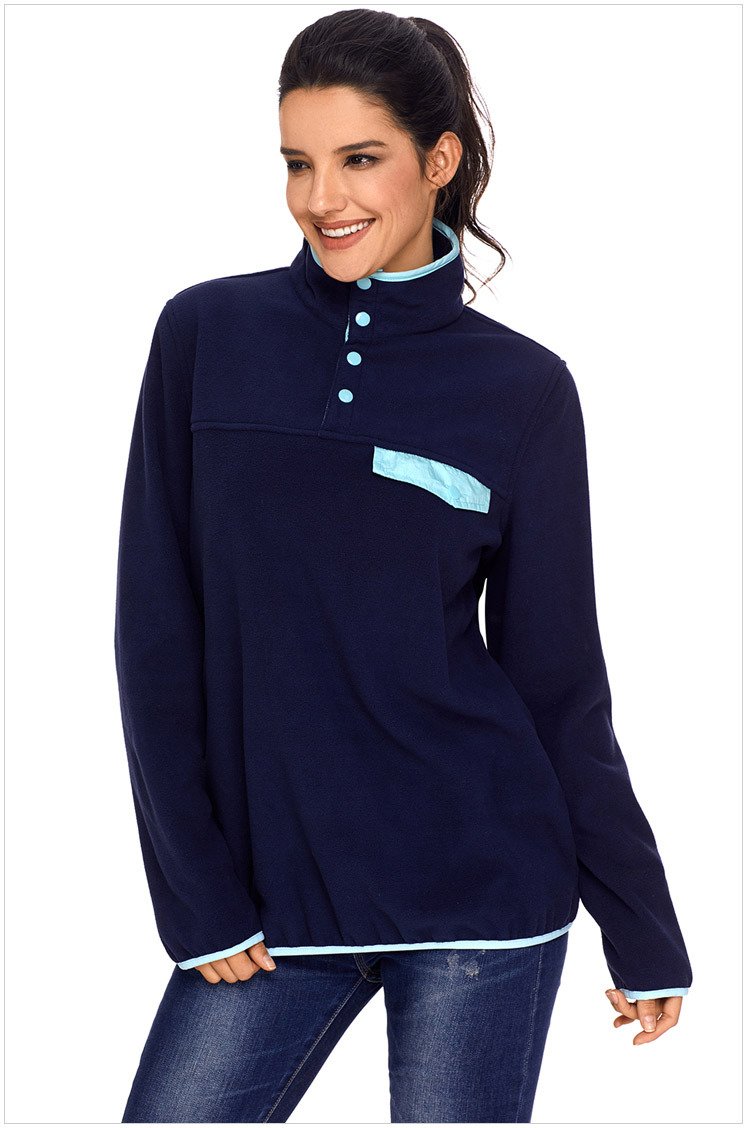 Size L Blue New fashion pullover high collar button long-sleeved women's sweater