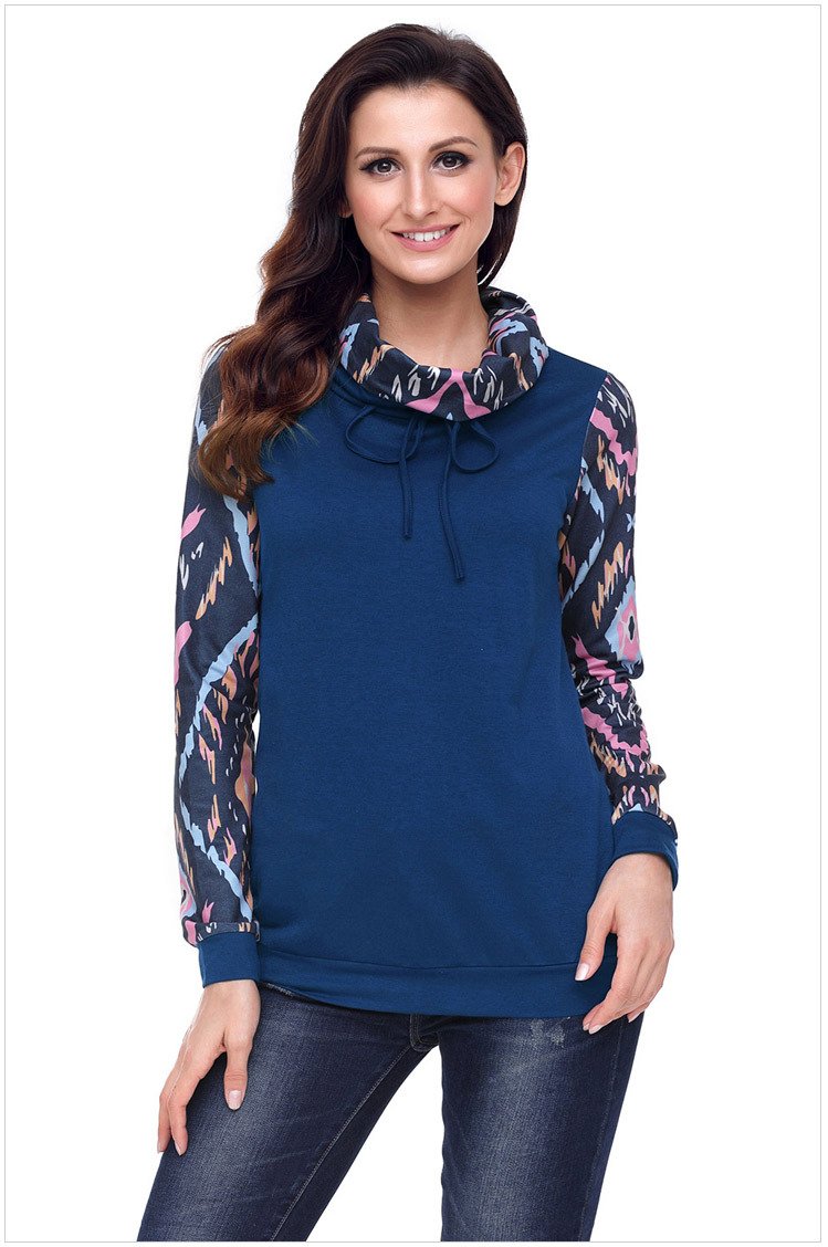 Size S Blue New large size women's printing scarves collar long-sleeved women's sweater