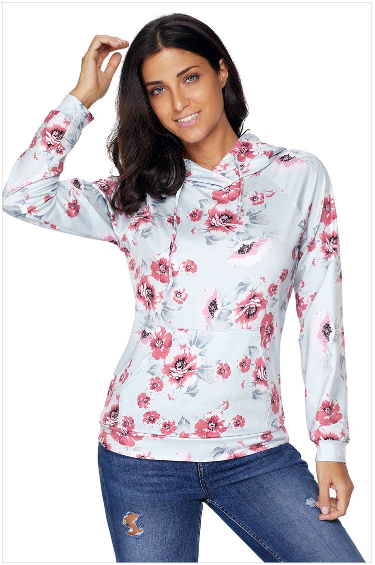 Size S Grey Fashion printed string hooded long-sleeved pocket sweater
