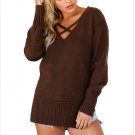 Size S Brown Long-sleeved cross-V-neck long sweater