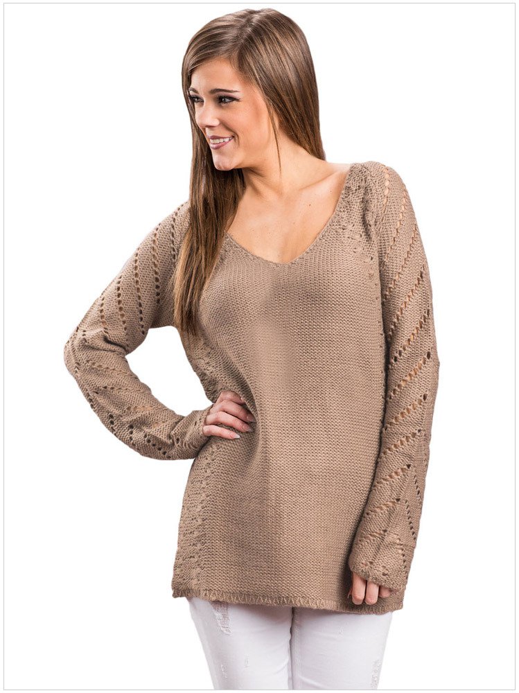 Size M Khaki Large size sweater V-neck loose wild women's sweaters