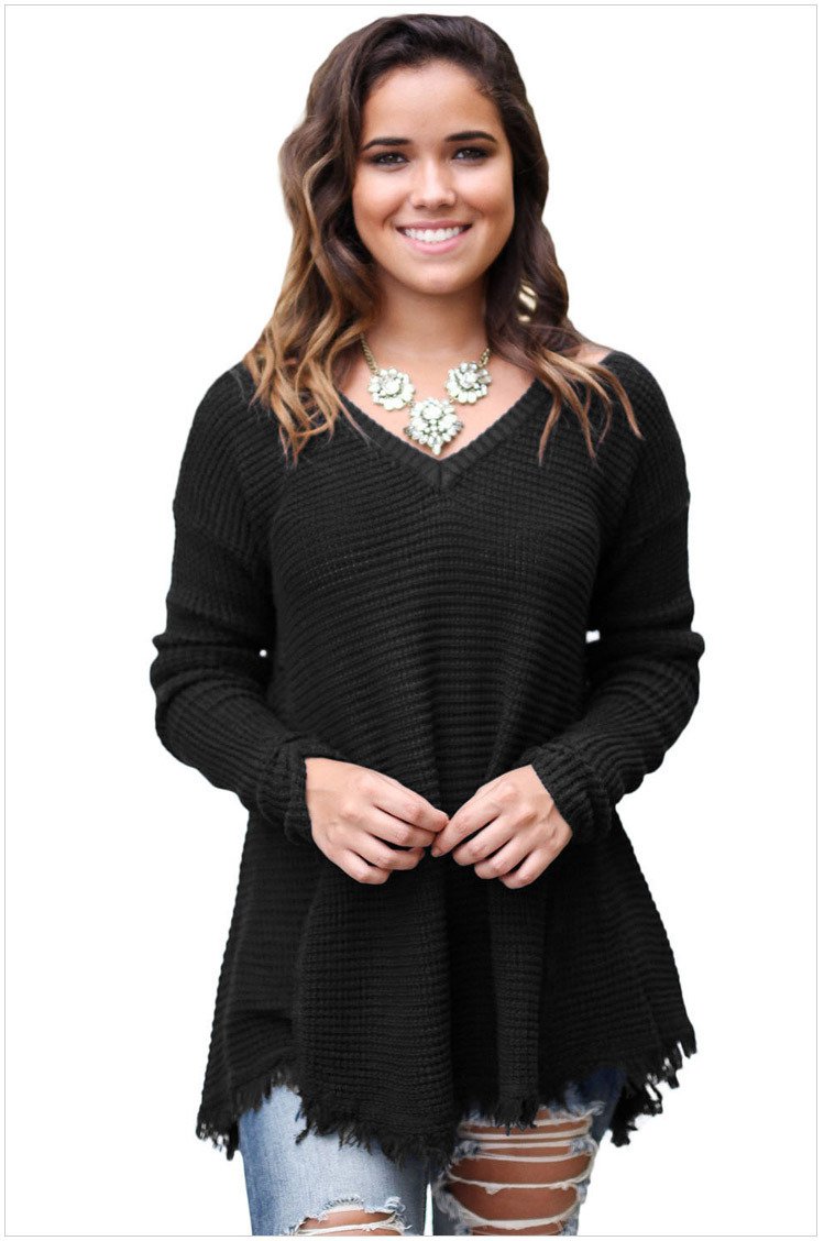 Size L Black Women's sweater long-sleeved V-neck strapless sweater